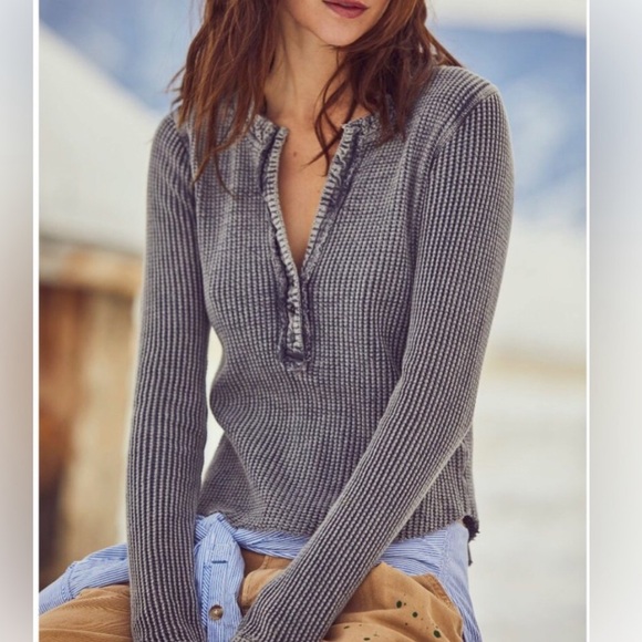 Free People FP ONE thermal long sleeve one colt gray black distressed buttonNWT - Picture 7 of 9